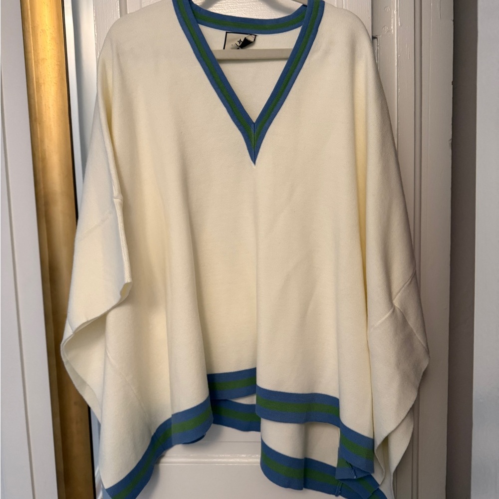 Cream Poncho with Blue and Green Trim